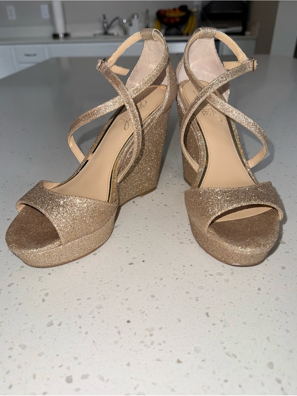 Jewel Badgley Mischka Rose Gold Glitter Crisscross Wedge Sandals